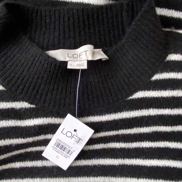 LOFT Soft Wool Blend Black & White Striped Tie Front Sweater Mockneck Size S NWT - Picture 5 of 5